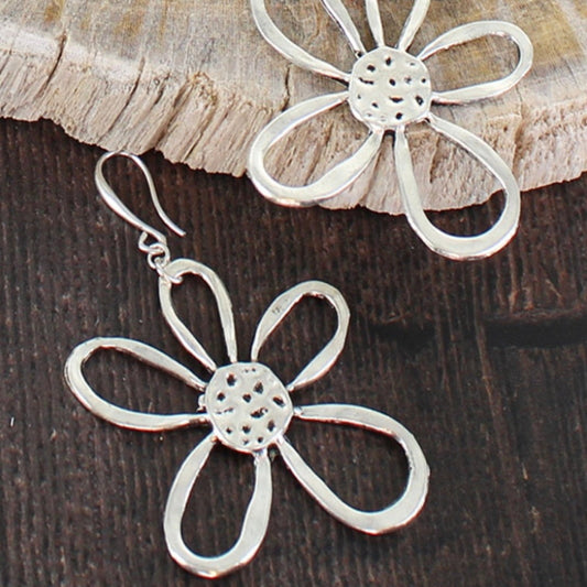 Suzie Blue Silver Plated Large Open Flower Earrings - Louise's Jewellery Box