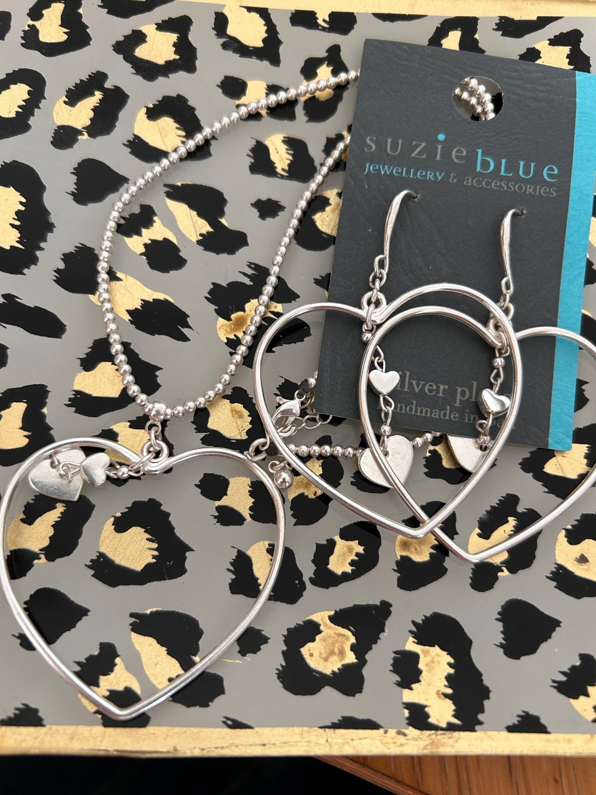 Suzie Blue Silver Plated Oped Heart Necklace with Drop Charms - Louise's Jewellery Box