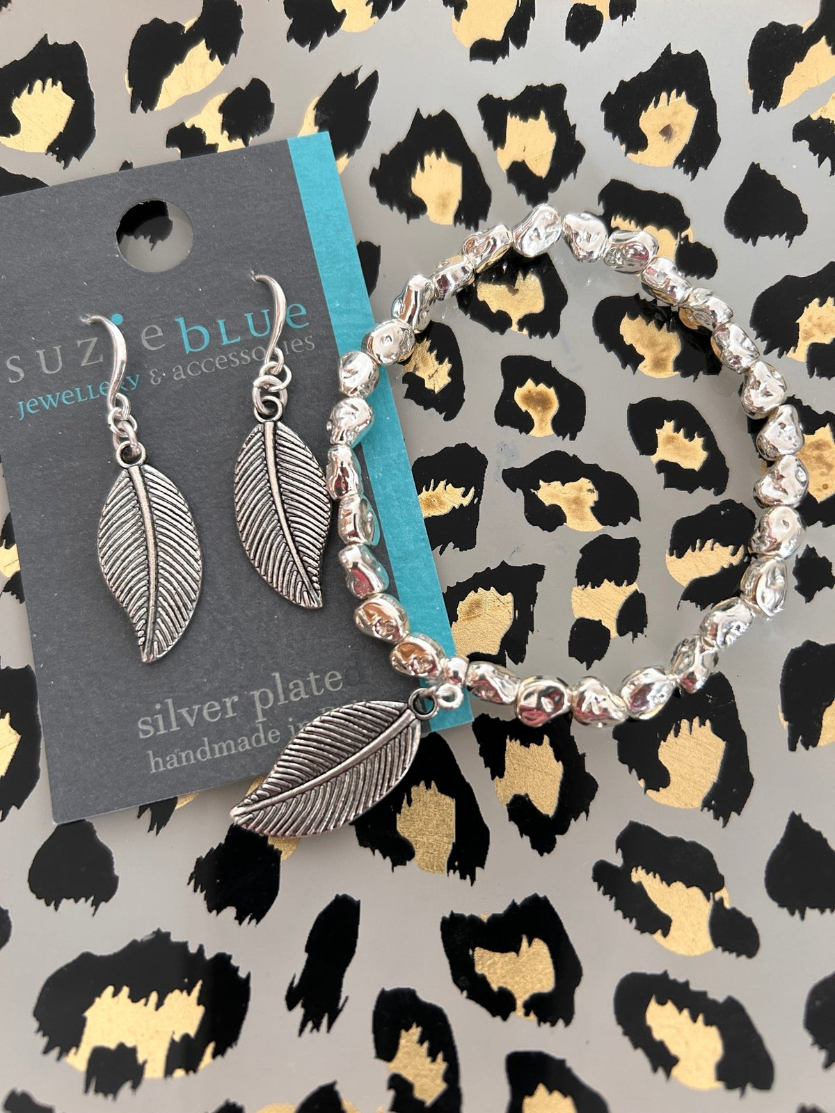 Suzie Blue Silver Plated Stretch Feather Bracelet - Louise's Jewellery Box