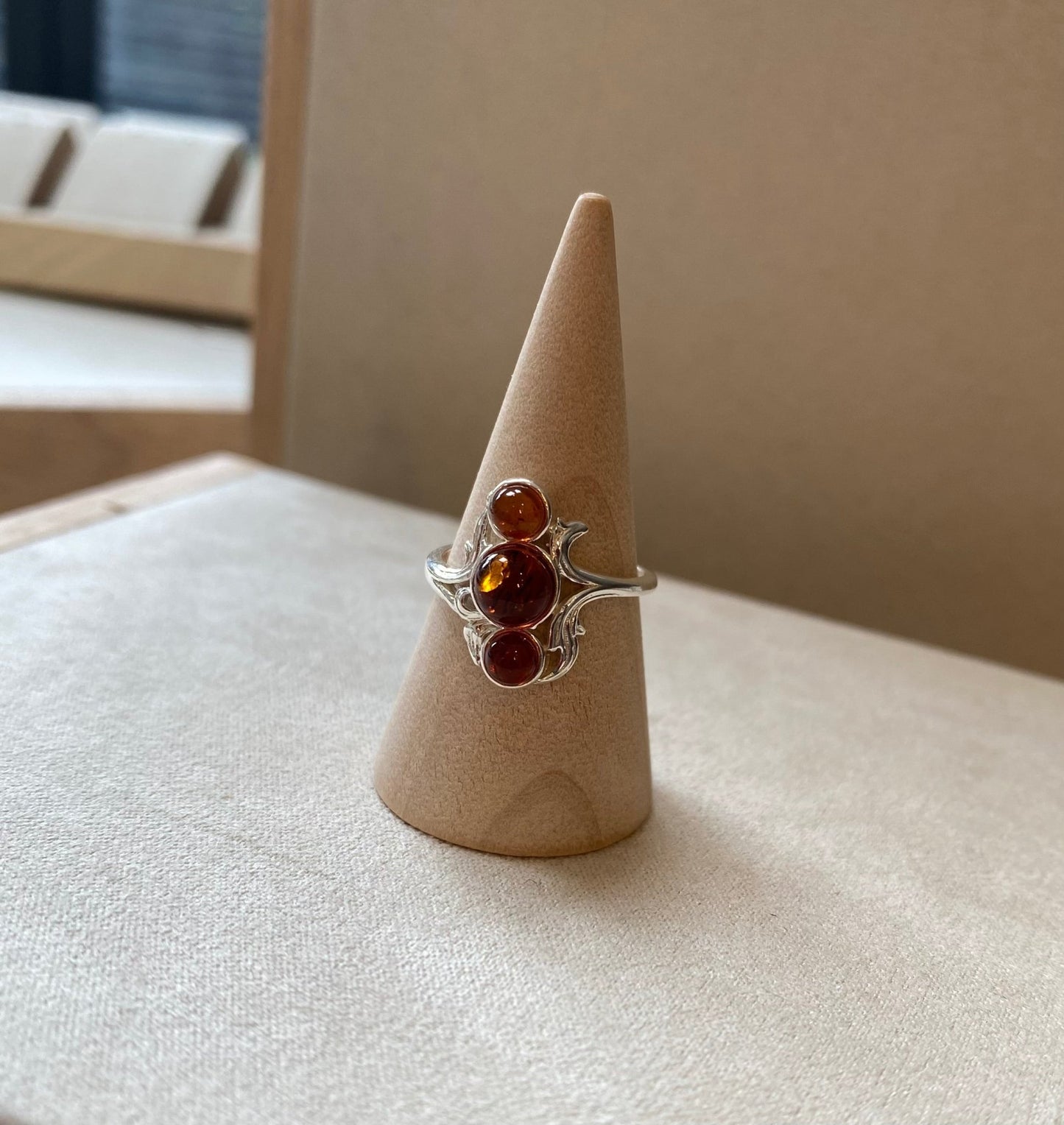 Triple Stone Ring in Sterling Silver and Cognac Baltic Amber - Louise's Jewellery Box