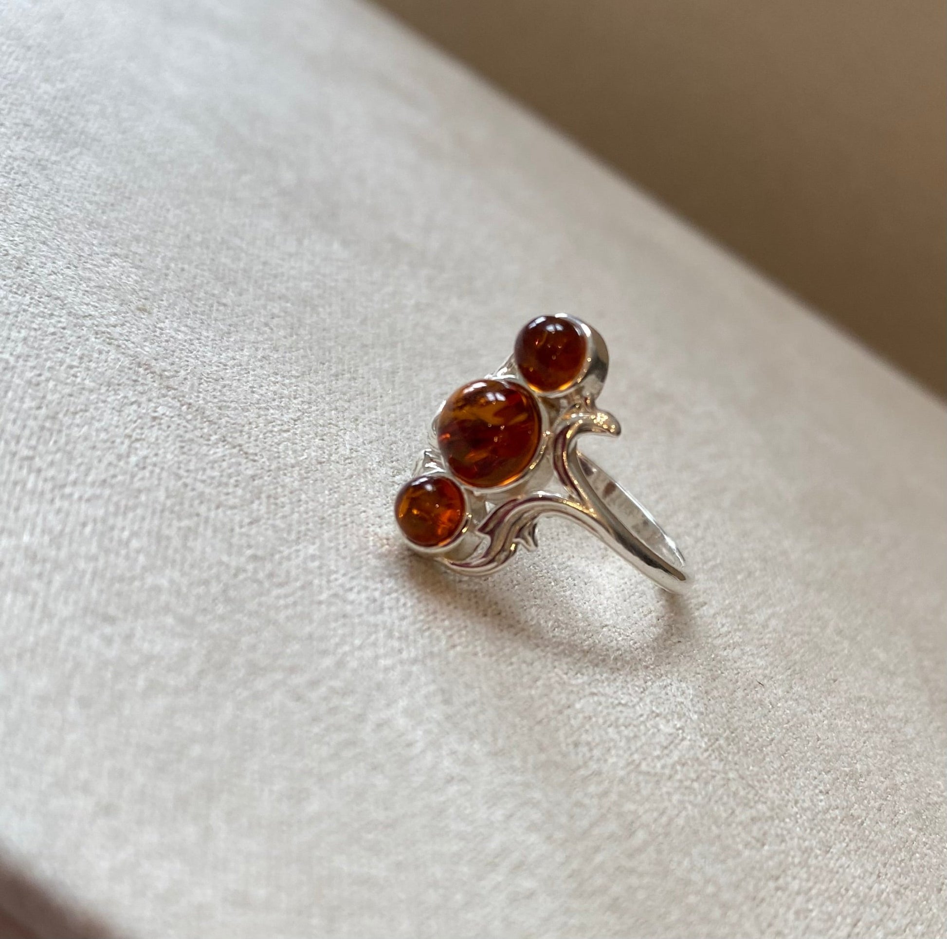 Triple Stone Ring in Sterling Silver and Cognac Baltic Amber - Louise's Jewellery Box