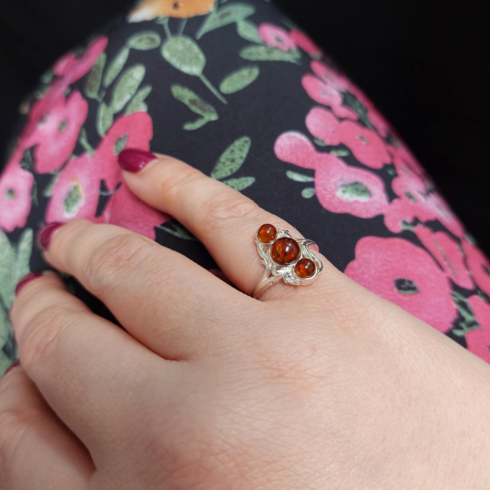 Triple Stone Ring in Sterling Silver and Cognac Baltic Amber - Louise's Jewellery Box