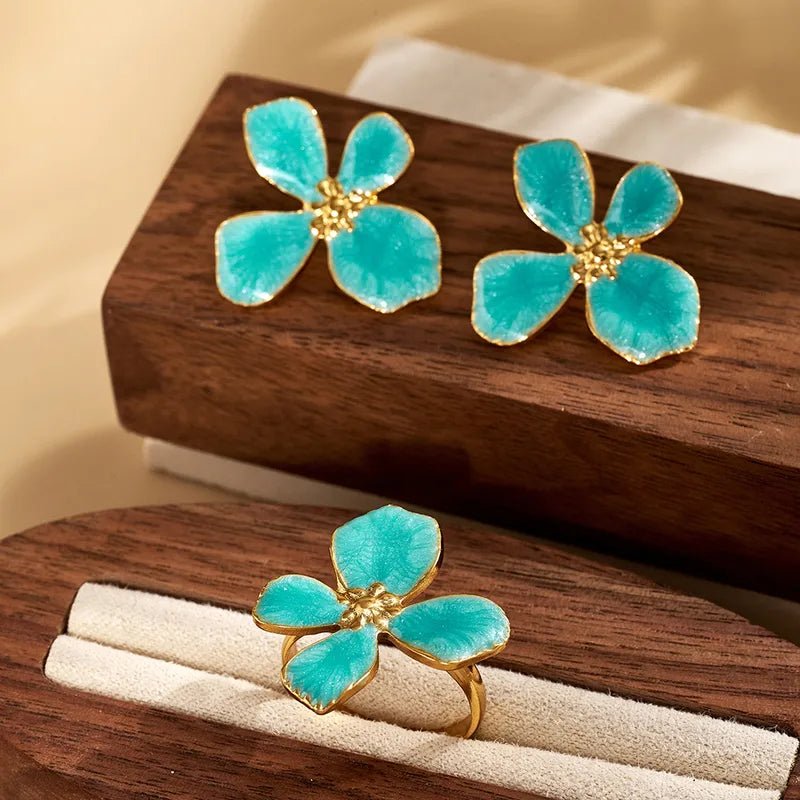 Turquoise Flower Ring and Earring Set in Gold Plate - Louise's Jewellery Box