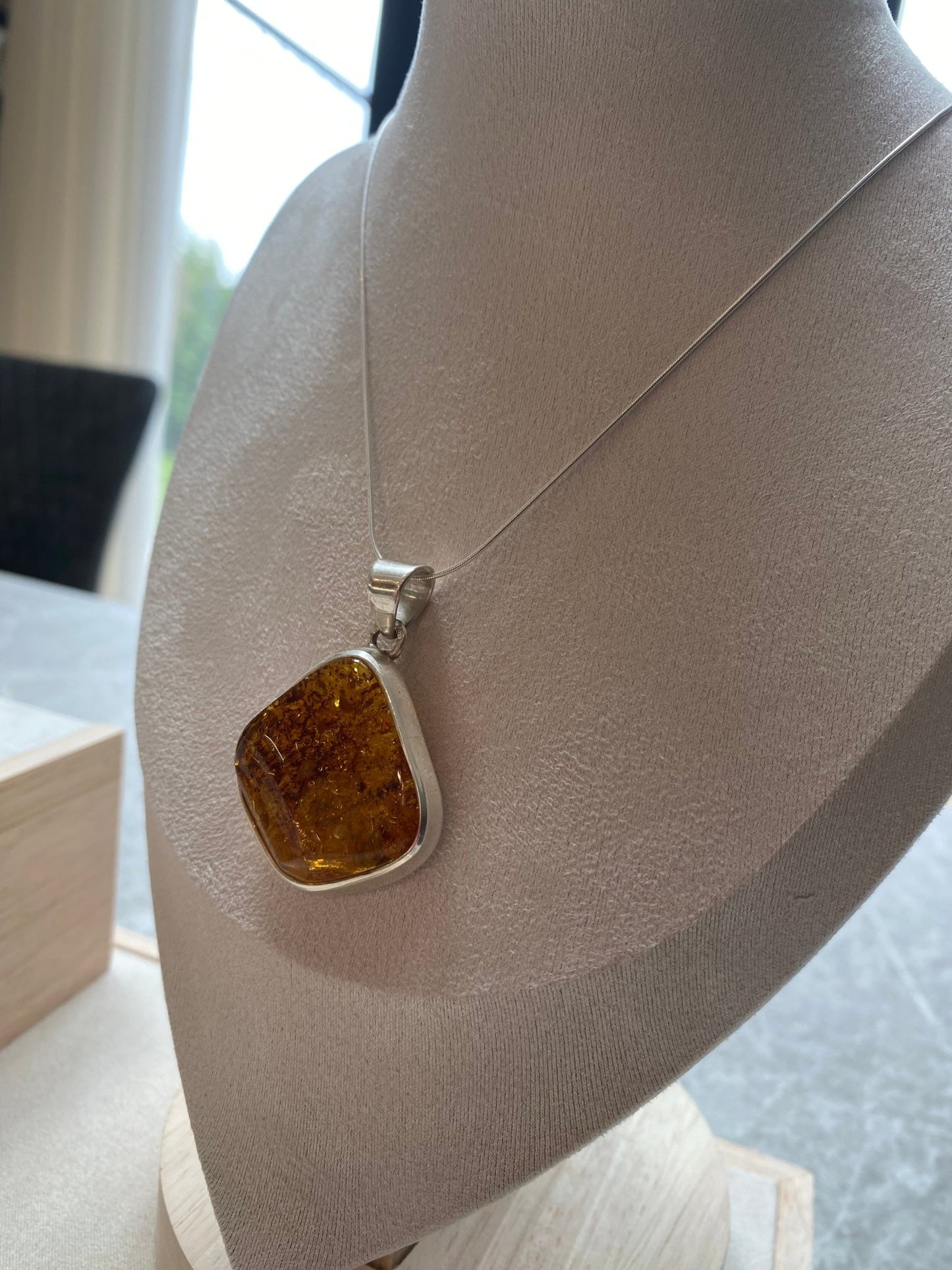 Unique Large Sterling Silver Pendant with Cognac Baltic Amber - Louise's Jewellery Box