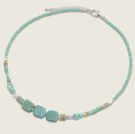 Natural Stone Aqua Short Necklace in Silver Plate