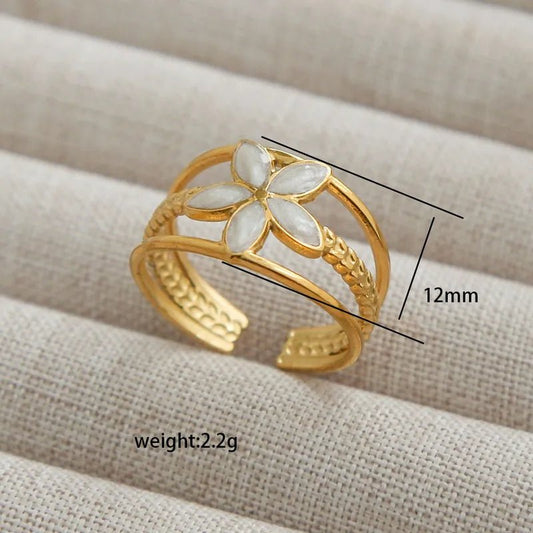 Waterproof Adjustable Flower Ring in Gold Plate with White Enamel - Louise's Jewellery Box