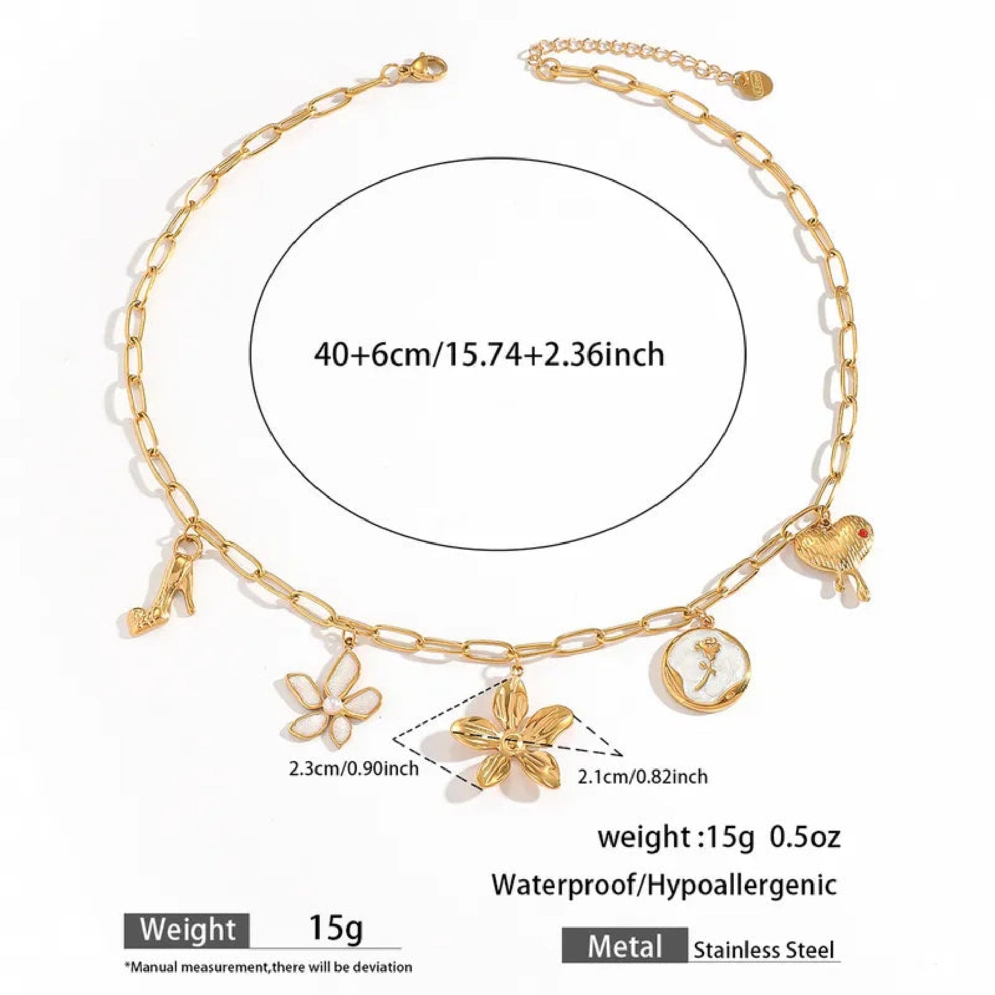 Waterproof Charm Necklace with Gold Plate and White Enamel - Louise's Jewellery Box