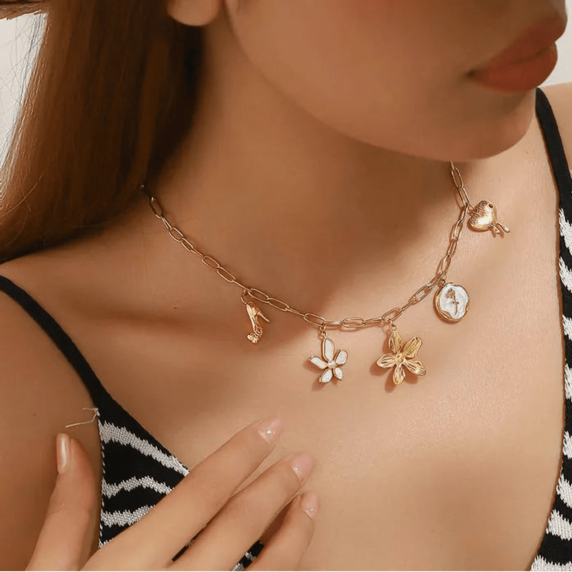Waterproof Charm Necklace with Gold Plate and White Enamel - Louise's Jewellery Box