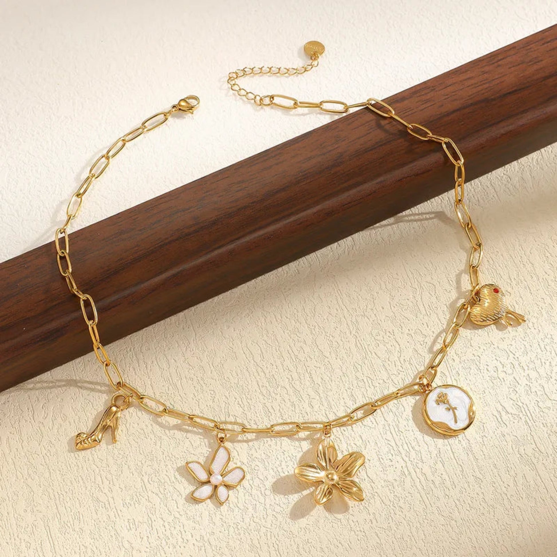 Waterproof Charm Necklace with Gold Plate and White Enamel - Louise's Jewellery Box