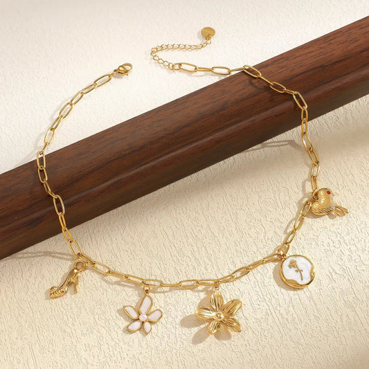 Waterproof Charm Necklace with Gold Plate and White Enamel - Louise's Jewellery Box
