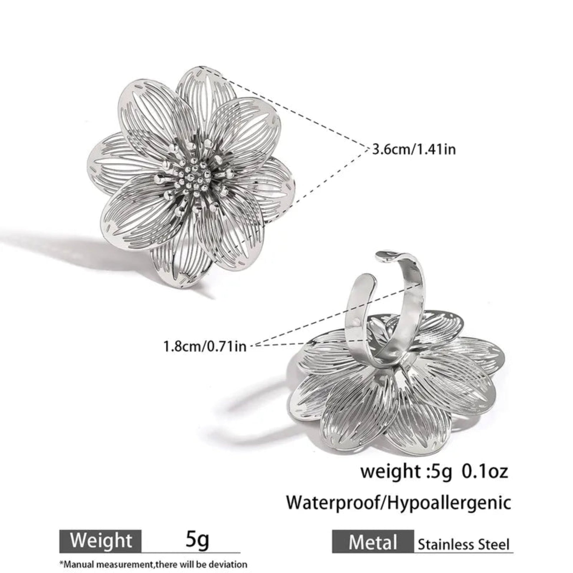Waterproof Flower Adjustable Ring in Stainless Steel - Louise's Jewellery Box