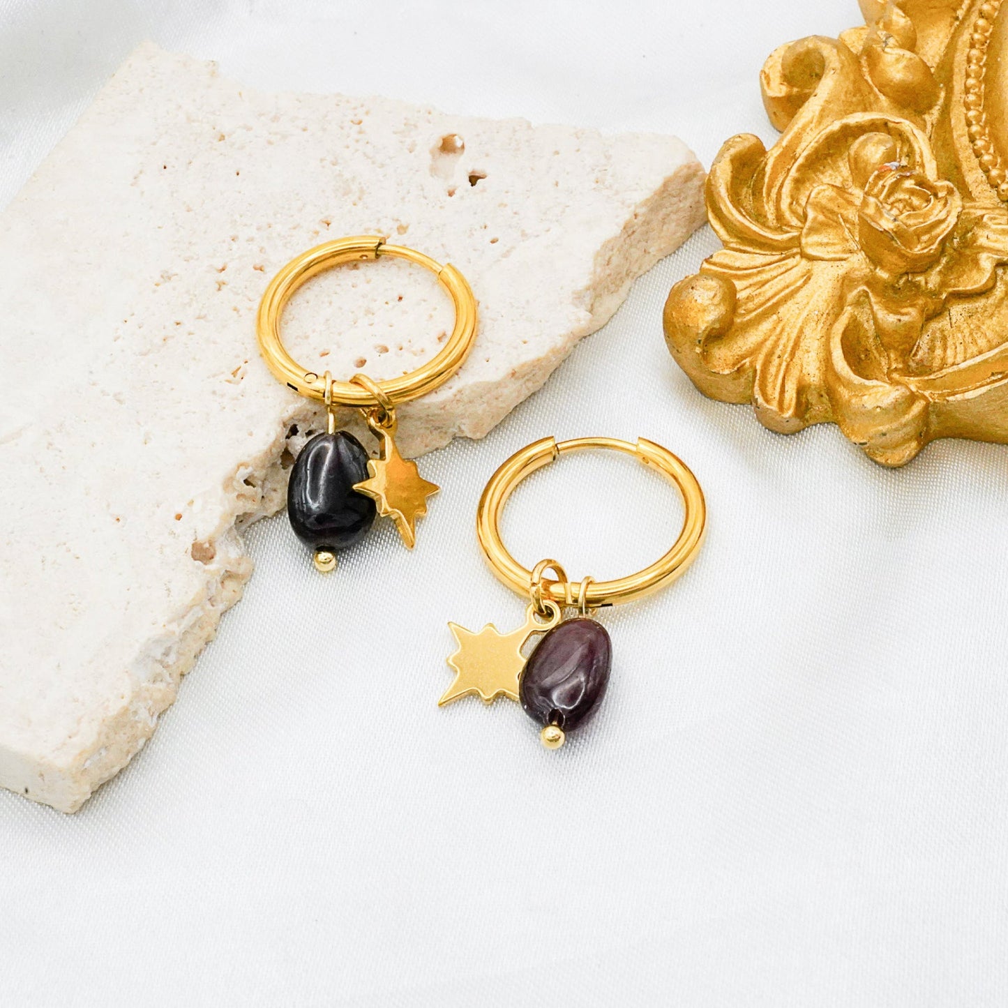 Waterproof Gold Plated Hoop Earrings with Star and Garnet Stone - Louise's Jewellery Box