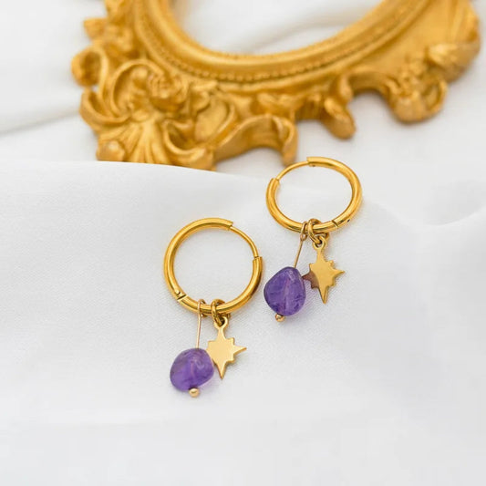 Waterproof Gold Plated Hoops with Star and Amethyst Drop - Louise's Jewellery Box