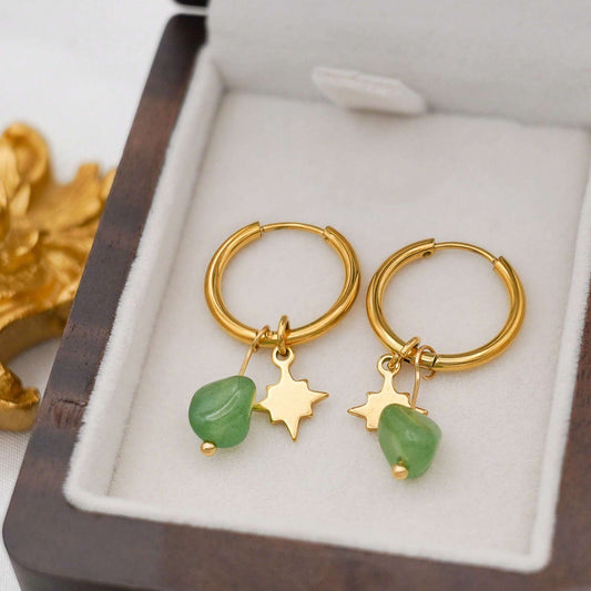 Waterproof Gold Plated Hoops with Star and Aventurine Stone Drops - Louise's Jewellery Box