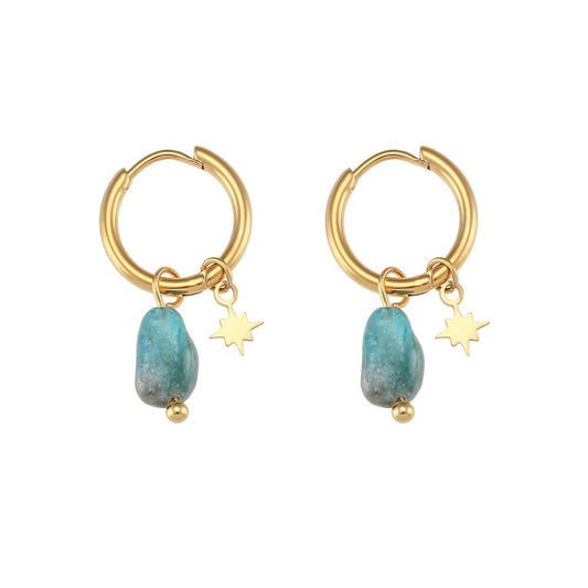 Waterproof Gold Plated Hoops with Star and Blue Apetite Stone Drops - Louise's Jewellery Box
