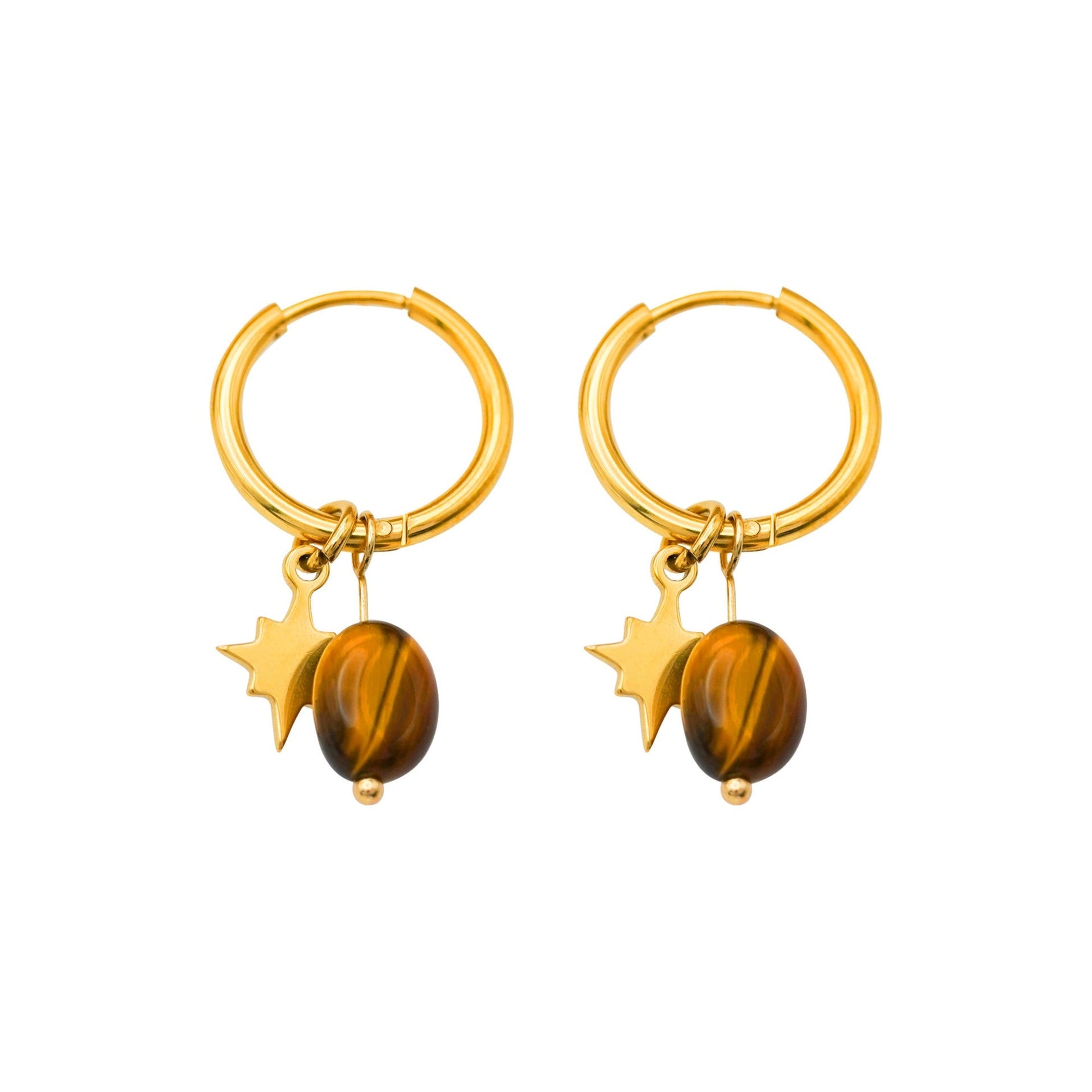 Waterproof Gold Plated Hoops with Star and Tigers Eye Stone - Louise's Jewellery Box