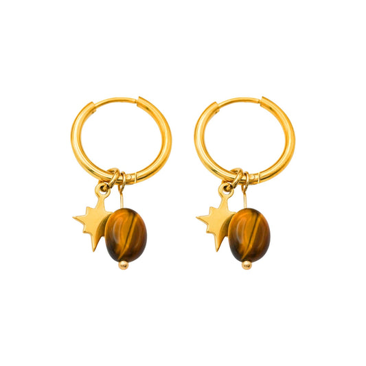 Waterproof Gold Plated Hoops with Star and Tigers Eye Stone - Louise's Jewellery Box