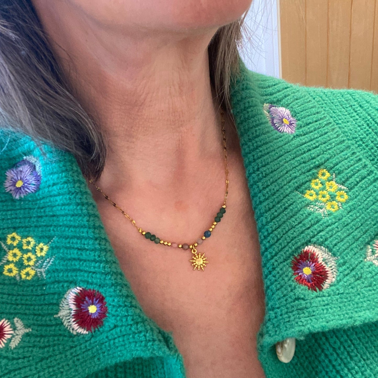 Waterproof Gold Plated Necklace with Colourful beads and Sun Charm - Louise's Jewellery Box