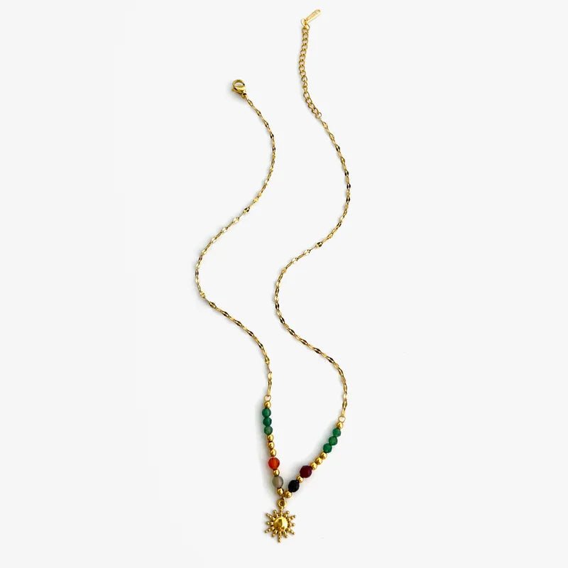 Waterproof Gold Plated Necklace with Colourful beads and Sun Charm - Louise's Jewellery Box