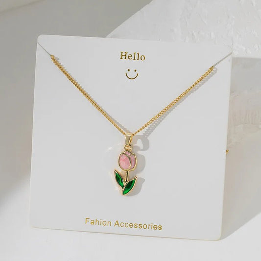 Waterproof Gold Plated Necklace with Pink Tulip Charm - Louise's Jewellery Box