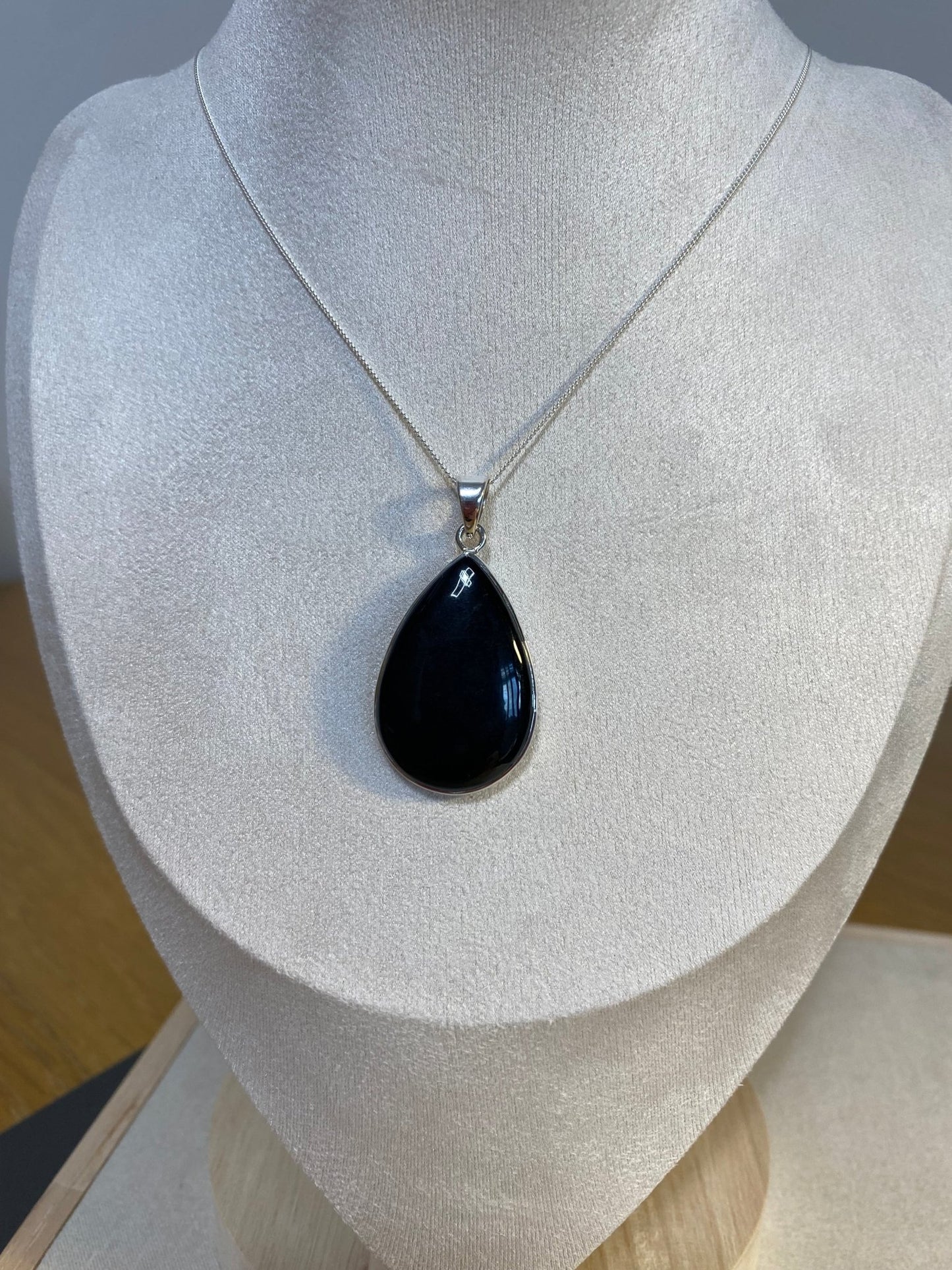 Whitby Jet Medium Teardrop Pendant in Sterling Silver - Louise's Jewellery Box