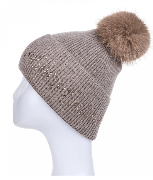 Wool Hat with Faux Fur Pompom in Cappuccino - Louise's Jewellery Box