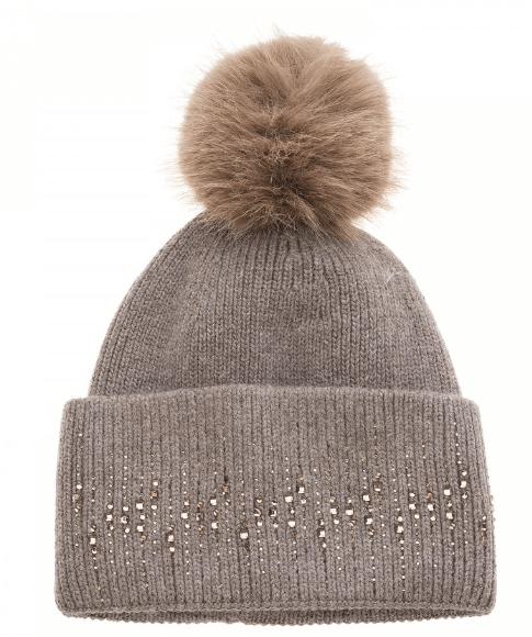 Wool Hat with Faux Fur Pompom in Cappuccino - Louise's Jewellery Box